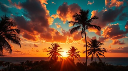 tropical sunset with trees