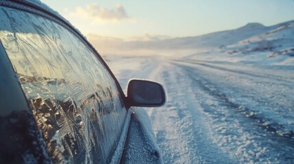 A carâ€™s windshield covered in a layer of ice, ready to be scraped off on a chilly morning