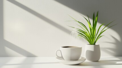 Steaming Coffee with Plant Decor