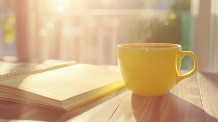 Serene Morning Routine Concept with Cup of Chamomile Tea and January Planner in Sunlight Cinema Shot