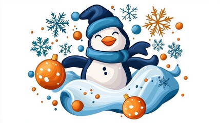 Playful penguin enjoying winter fun snowy landscape digital artwork cheerful environment whimsical viewpoint