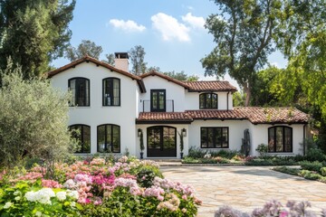 Fototapeta premium This stunning contemporary residence is surrounded by lush, meticulously maintained gardens and vibrant flowers, creating a picturesque scene in a sunny neighborhood during the beautiful spring months