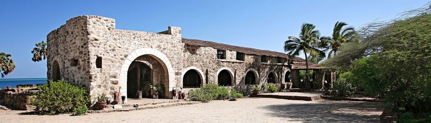 Naklejka premium Coastal stone building, tropical landscaping, ocean view, vacation resort