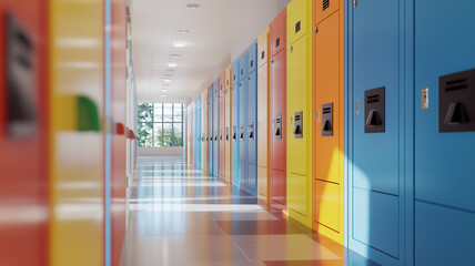 Modern school or preschool with bright multi-colored lockers. School stylish lockers. Modern lockers for students.
