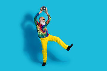 Full body portrait of extravagant charismatic aged man disco ball empty space isolated on blue color background