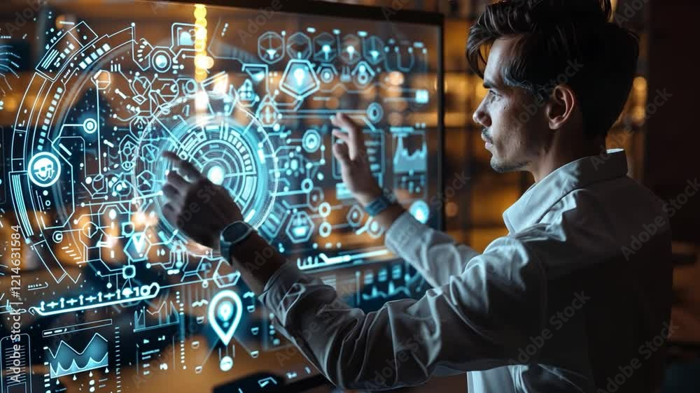 Poster A young professional is engaged in manipulating a digital dashboard filled with data visualizations, surrounded by an innovative office ambiance at dusk.