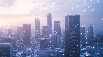 Fototapeta premium Winter Evening Glow: Snowfall Over Urban Twilight Cityscape, Cinematic January Ambiance