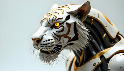 A robotic tiger head with intricate metallic details featuring white black and gold color palette