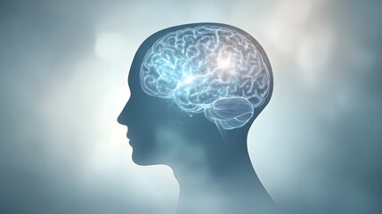 Obraz premium Illuminated Brain Within a Human Head Silhouette