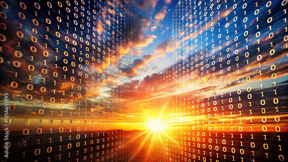 Poster silhouette of binary code and equations at sunset - abstract tech concept
