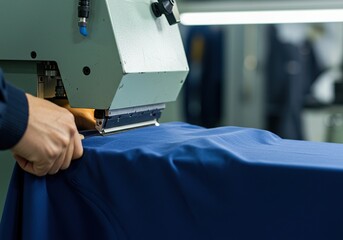 Industrial Fabric Cutting Machine in Operation Close-up of Automated Textile Cutting Process A close-up view of an industrial fabric cutting machine precisely cutting through a piece of blue fabric.