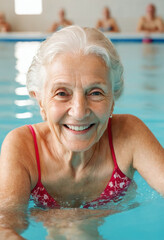Fototapeta premium Lächelnde alte Frau schwimmt im öffentlichen Schwimmbad
