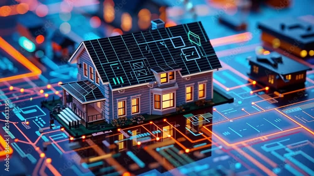 Poster a detailed model of a smart house is positioned on a vibrant circuit board, highlighting the integra
