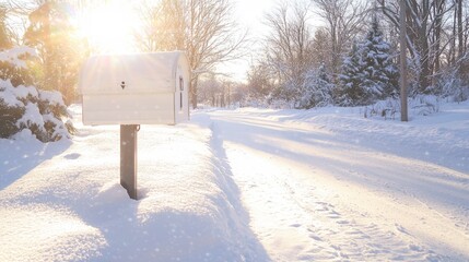 Fototapeta premium Winter Glow: Serene Rural Mailbox Covered in Fresh Snow Under Early Sunlight - Ultra-Detailed Cinematic Image