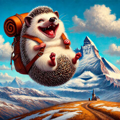 Hedgehog tourist with a backpack against the background of snow-capped mountain peaks.