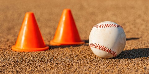 A baseball sits on sandy ground beside two orange cones, suggesting a sports training or practice environment.