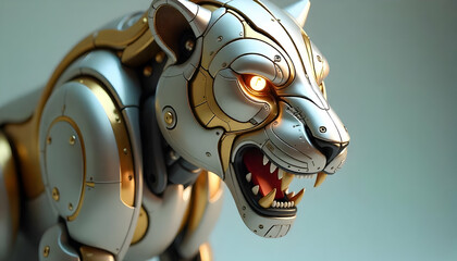 Fototapeta premium Futuristic Metallic Lion with Glowing Eyes and Intricate Mechanical Detail