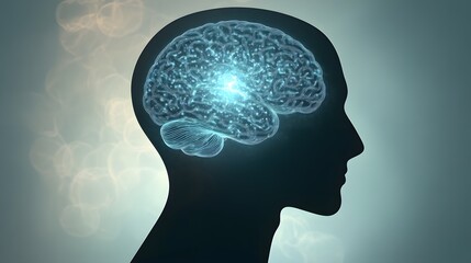 Illuminated Brain Within A Human Head Silhouette