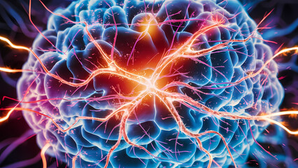 A Vibrant and Dynamic Brain Showcases the Intricate Details of Active Nerve Cells Firing - Digital Art