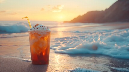 Photorealistic soda float held by person on beach with waves