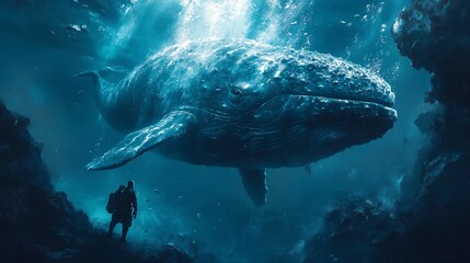 Fototapeta premium Diver swimming with a massive whale in the deep sea, tranquil and majestic underwater environment, ideal for marine exploration and adventure visuals.