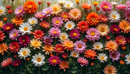A dynamic floral wall filled with blooming chrysanthemums, daisies, and other wildflowers, bursting with radiant colors and natural beauty.