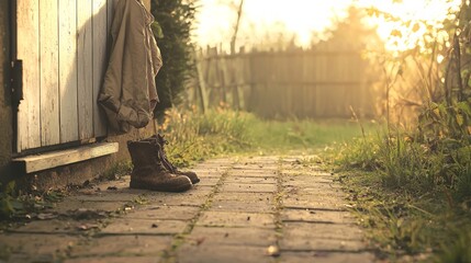Fototapeta premium Frosty Morning Arrival - Muddy Boots at Doorstep with January Jacket and Soft Sunrise Glow - Ultra-Detailed Cinematic Image