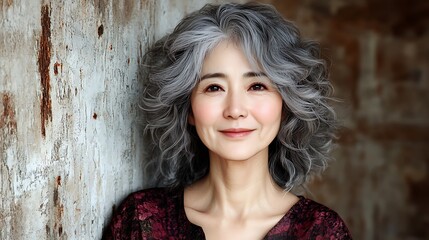 Woman, silver hair, portrait, grunge wall, calm.