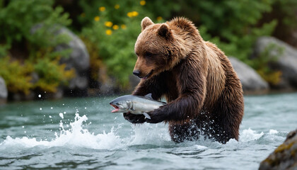 Obraz premium Brown bear catching fish in a river with splashing water