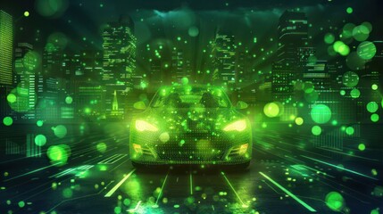 Obraz premium Futuristic green car illuminated in a vibrant cityscape with glowing digital effects at night
