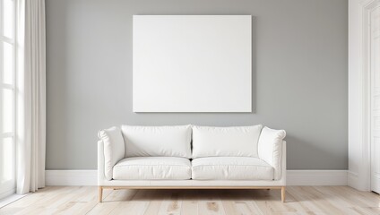 Elegant white couch with ruffled-edge pillows set against a sleek gray backdrop, inviting comfort and style