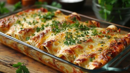 Deliciously baked enchiladas topped with melted cheese and fresh herbs on a rustic wooden table