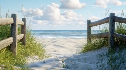 Obraz premium Scenic Pathway Through Grass Leading to Serene Ocean View