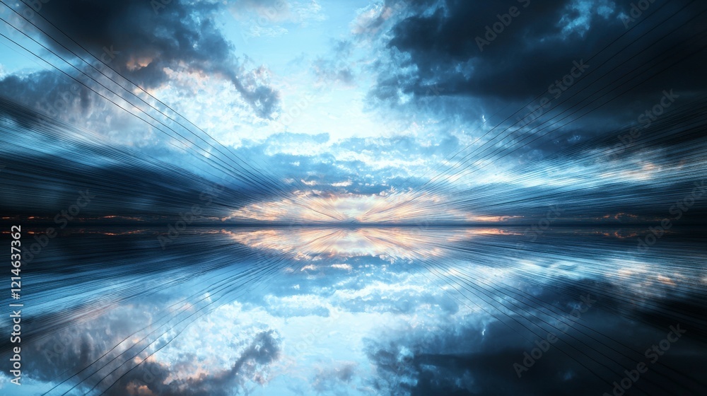 Poster Fading parallel lines reflecting serenity at sunset nature landscape tranquil waters aerial view visual harmony