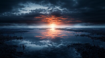 Naklejka premium Fading streaks of solitude dissolving into a hazy land at twilight over a calm lake nature photography serene view