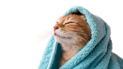 Cat Wrapped in Soft Blue Towel with Fuzzy Texture and Relaxed Expression
