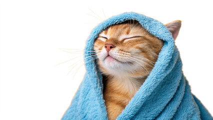Cat Wrapped in Soft Blue Towel with Fuzzy Texture and Relaxed Expression