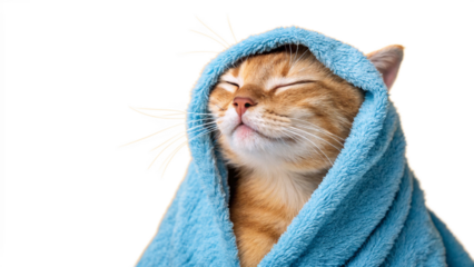 Cat Wrapped in Soft Blue Towel with Fuzzy Texture and Relaxed Expression