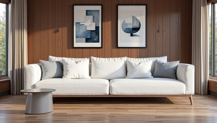 Elegant white couch rests on vertical wood panel flooring, flanked by a rich brown wall adorned with framed art pieces, creating an inviting interior scene