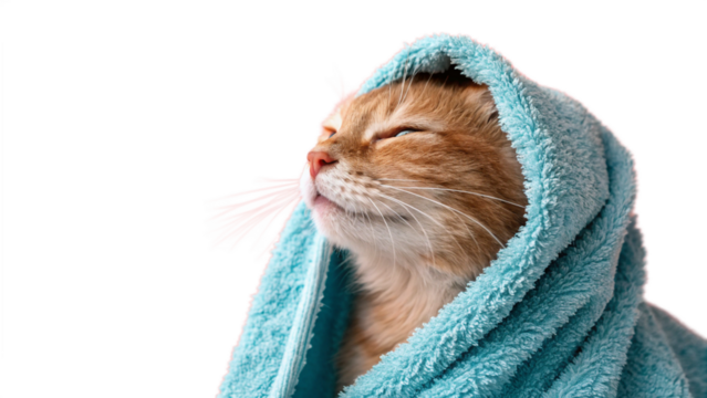 Cat Wrapped in Soft Blue Towel with Fuzzy Texture and Relaxed Expression