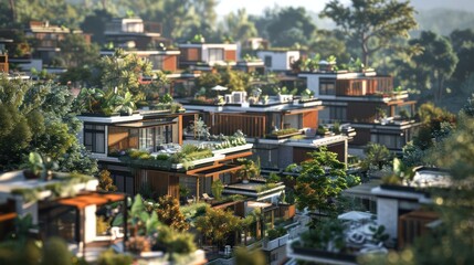 Naklejka premium Modern eco-friendly homes with lush gardens in a serene landscape, showcasing sustainable living