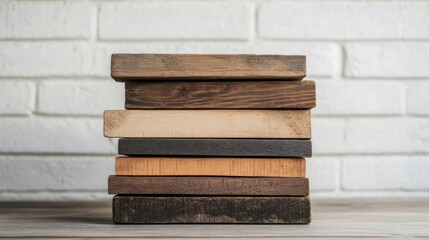 Stack of various wood samples against white brick wall.