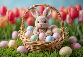 A plush bunny sits in a wicker basket surrounded by colorful Easter eggs amidst vibrant tulips, symbolizing Easter Monday's festive charm.