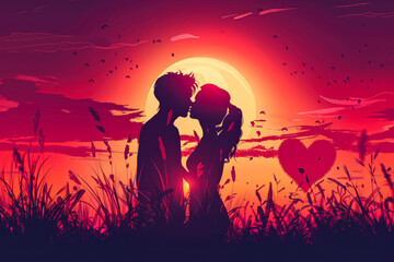 Couple kissing in a field with a heart in the grass