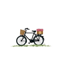 A Bicycle Adventure: A classic black bicycle with a wicker basket and a charming pink and brown box strapped to the back stands ready for a delightful journey.