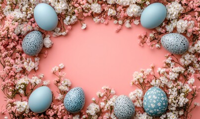 Festive easter light coloured background. Happy easter concept, eggs, flowers, herbs