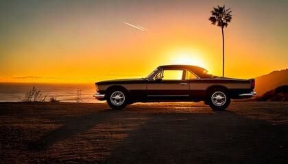 A classic car is parked on a cliff in Los Angeles during sunset.
