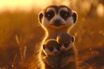 Obraz premium A mother meerkat stands upright, standing very close to her babys