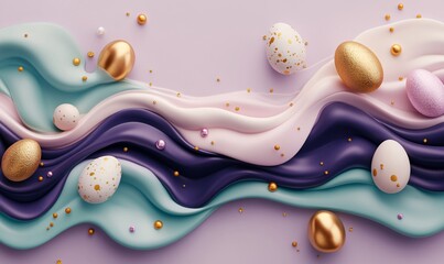 festive easter eggs with bright bibrant colours, golden dust and sparkles, colour waves. Top view.