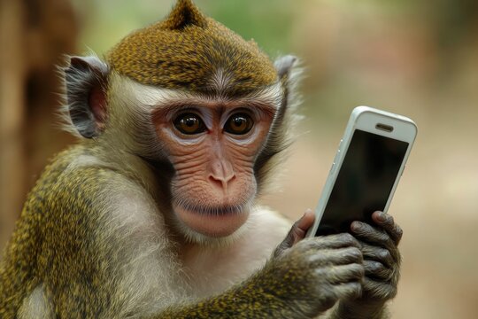 A curious monkey holding a cell phone to its face, possibly taking a selfie or checking the screen